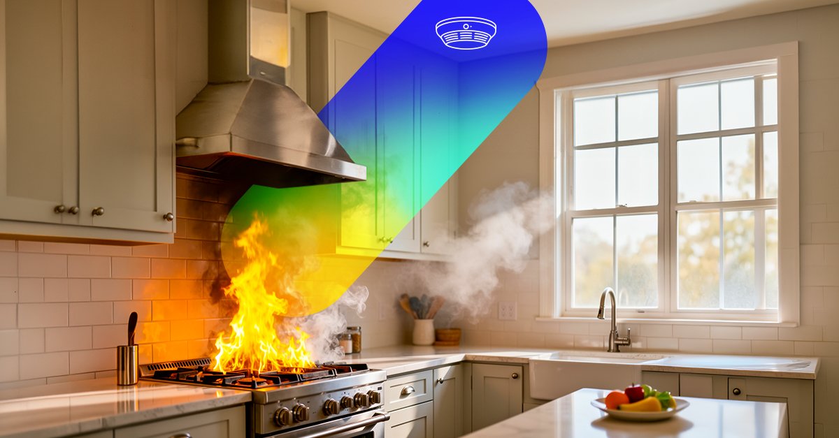 Kitchen fire with AI monitoring overlay detecting smoke and flames